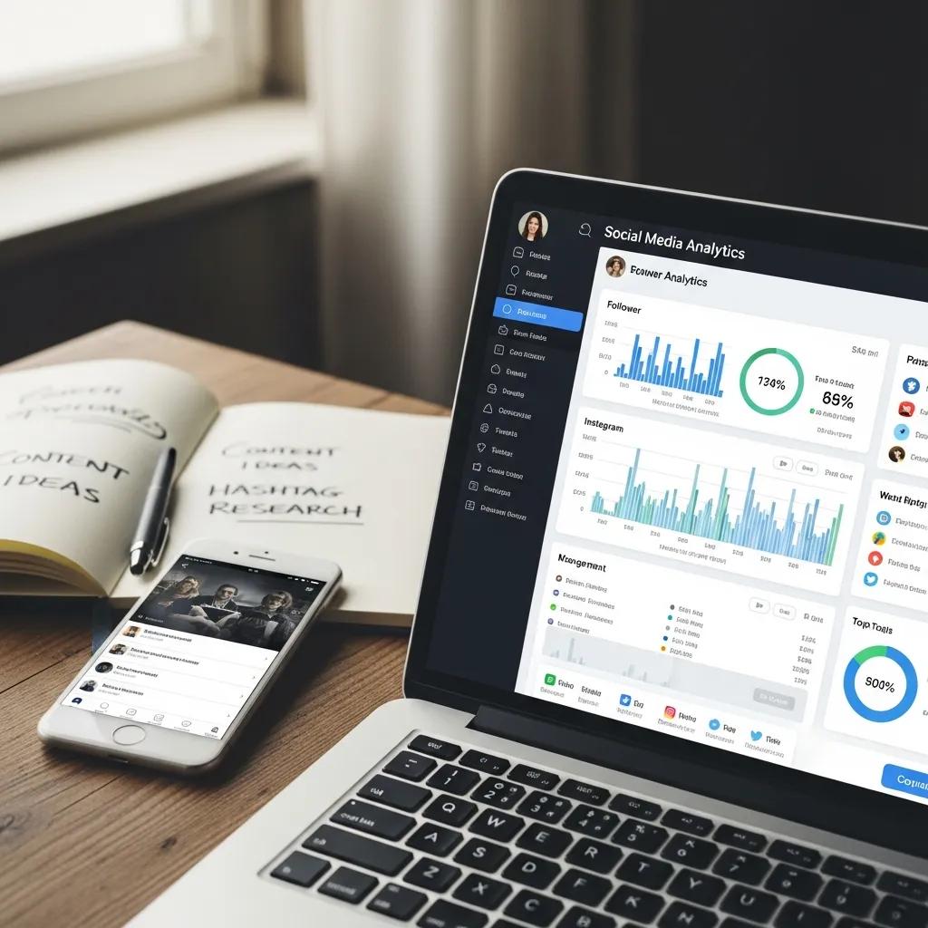 Close-up of a laptop screen showing social media analytics tools and resources