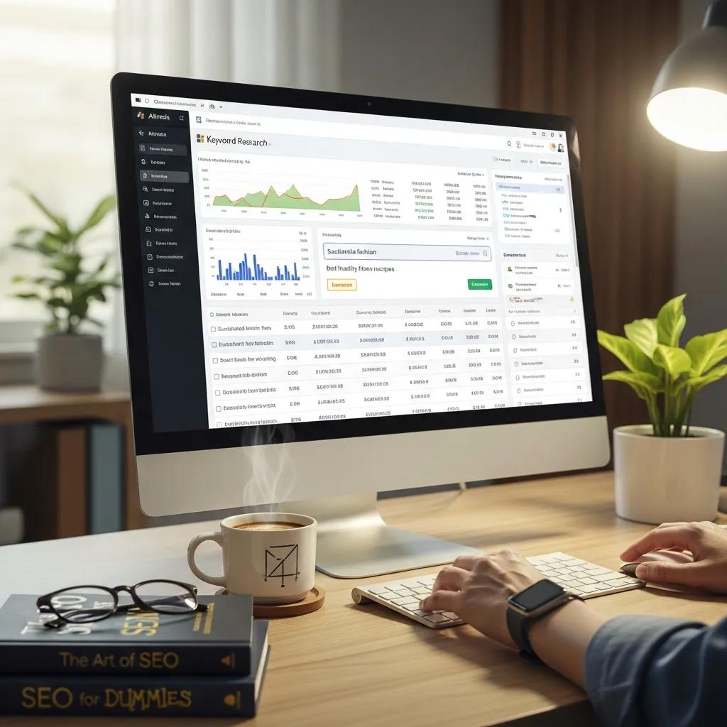 Computer screen displaying keyword research data with SEO books and coffee cup