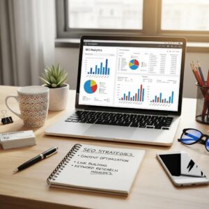 Digital marketing workspace with laptop displaying SEO analytics and colorful charts