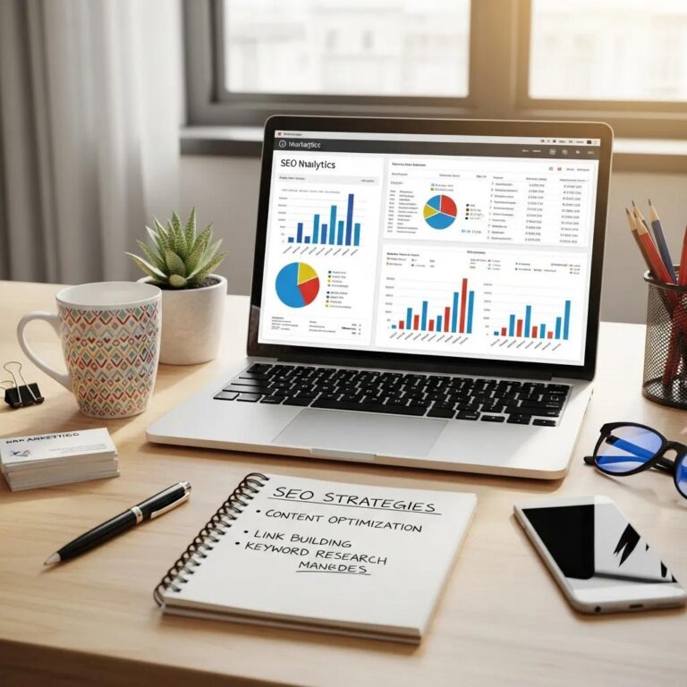 Digital marketing workspace with laptop displaying SEO analytics and colorful charts