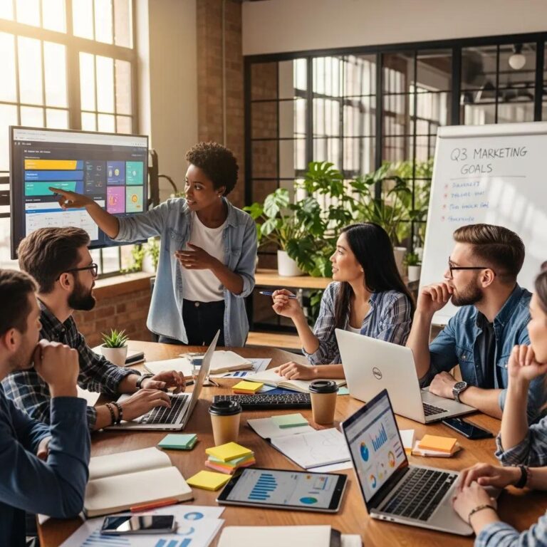 Diverse group of young professionals collaborating on digital marketing strategies in a modern workspace