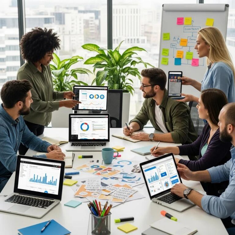 Diverse professionals collaborating on digital marketing strategies in a modern workspace