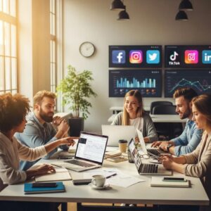 Diverse professionals collaborating on social media marketing in a modern workspace