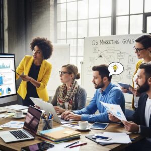 Group of professionals collaborating on digital marketing strategies in a modern workspace