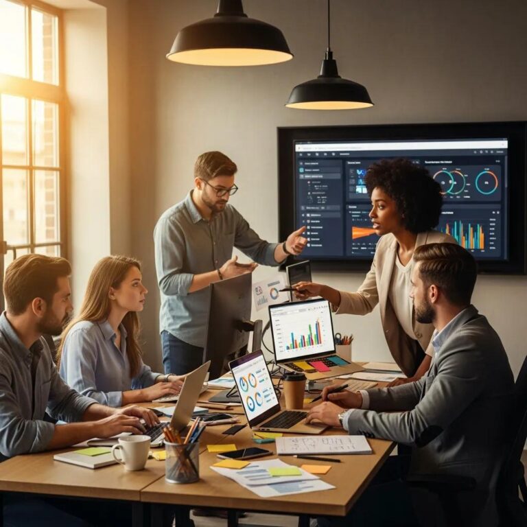 Group of young professionals collaborating on digital marketing strategies in a modern office