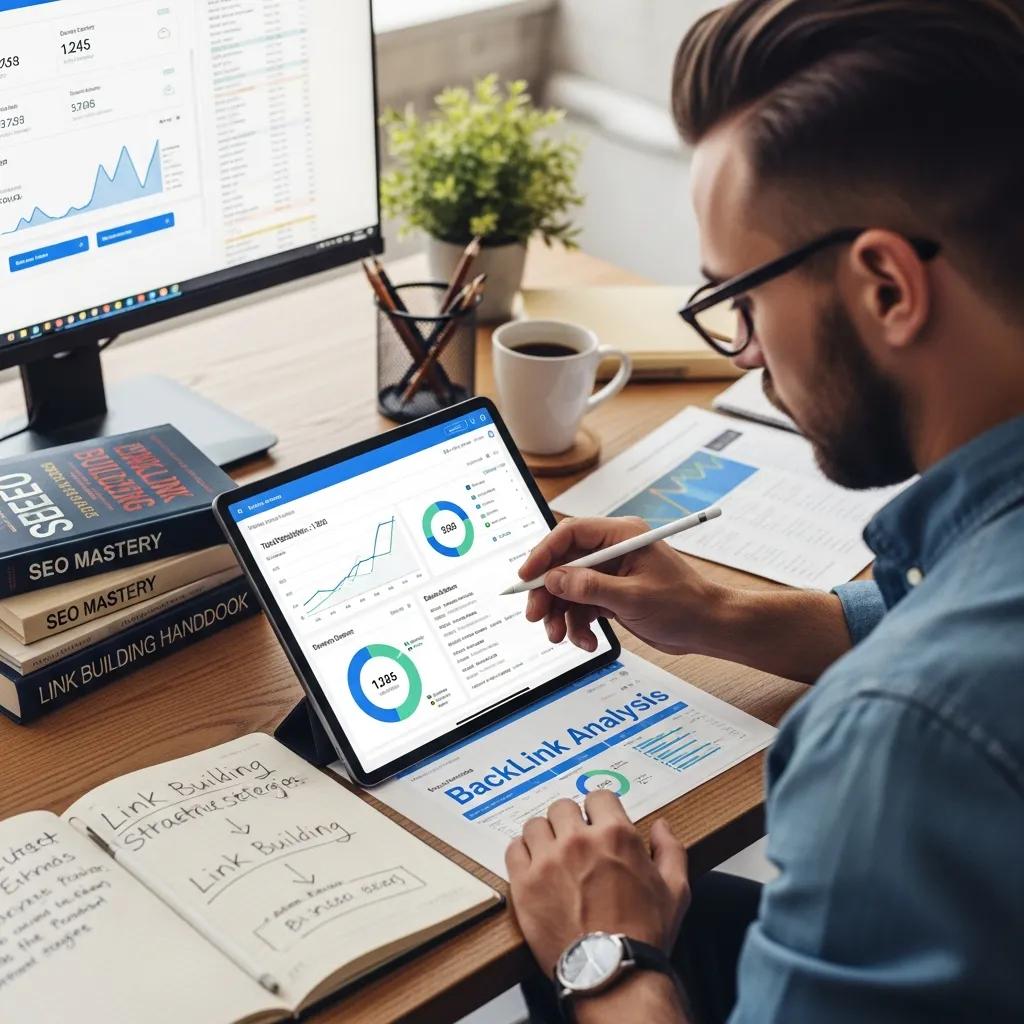 Person analyzing backlink data on a tablet with graphs and SEO materials
