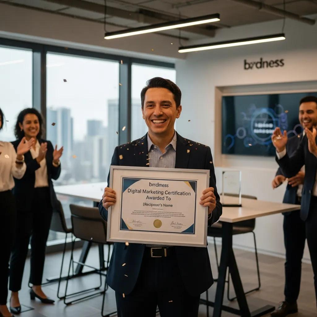 Professional celebrating the achievement of obtaining a digital marketing certification