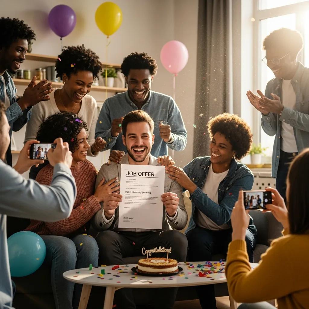 Recent graduate celebrating job offer in digital marketing with friends and family