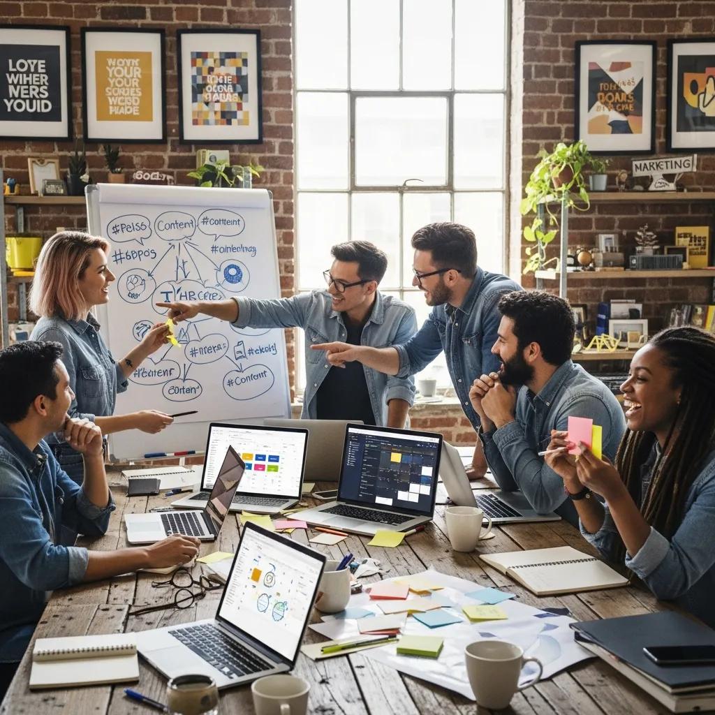 Social media marketing team brainstorming ideas in a creative workspace