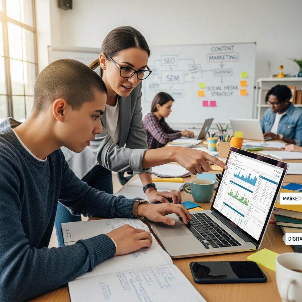 Student participating in hands-on digital marketing training with a mentor