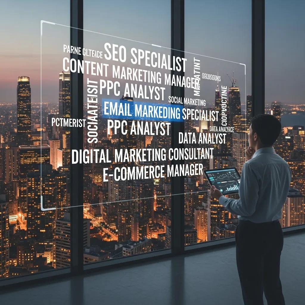 Visual representation of career opportunities in digital marketing with a cityscape backdrop