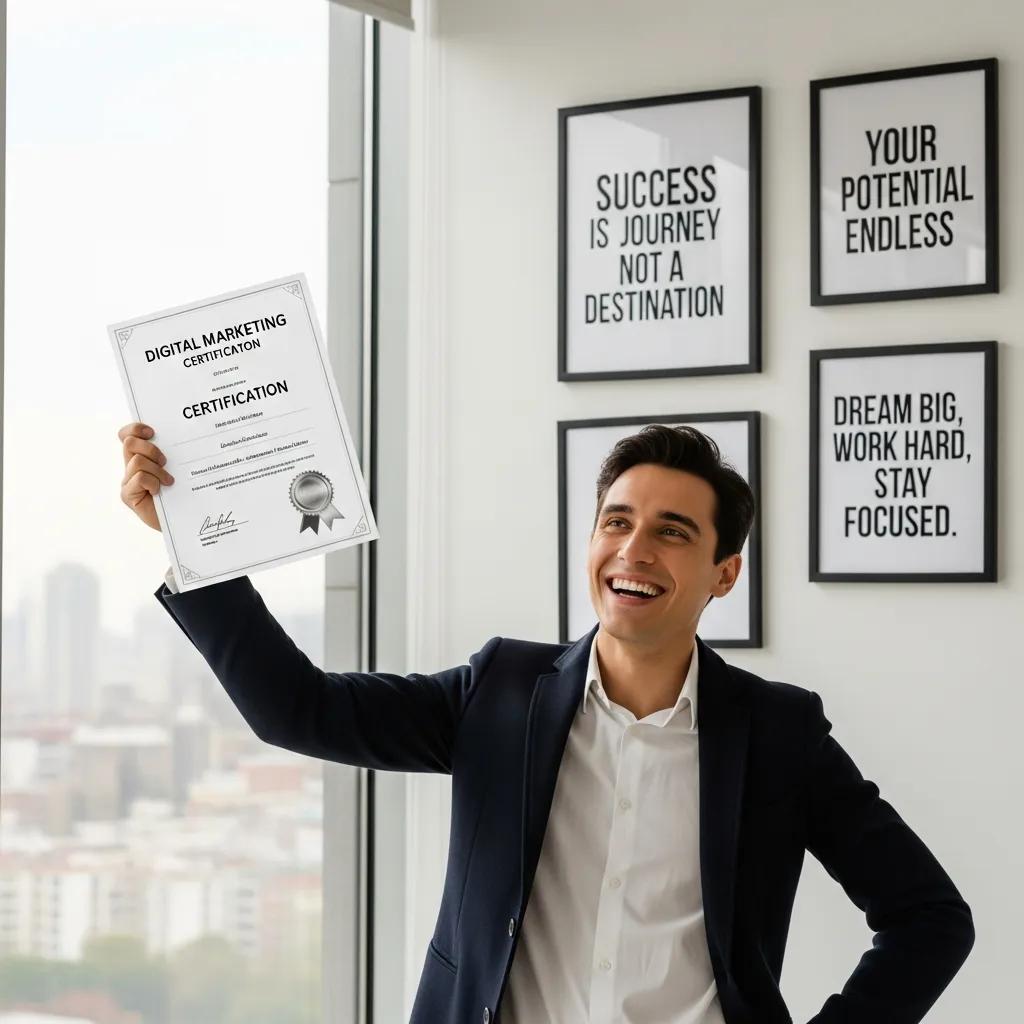 Young professional holding a digital marketing certification in a modern office setting