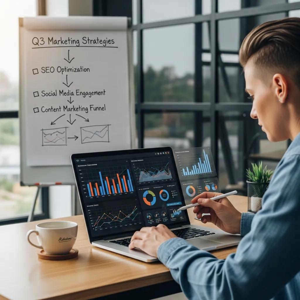 Digital marketing professional analyzing data trends in a modern workspace