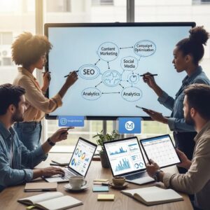 Diverse group of young professionals collaborating on digital marketing strategies