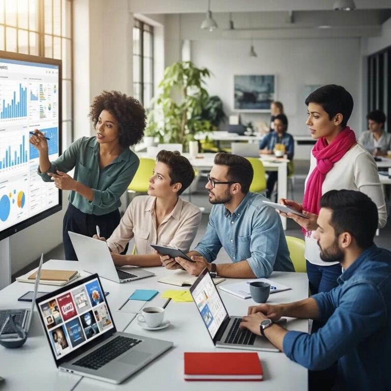 Diverse professionals collaborating in a modern office on digital marketing strategies