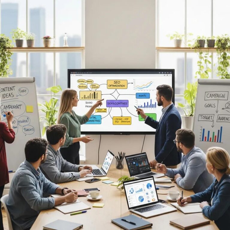 Diverse professionals collaborating on digital marketing strategies in a modern office