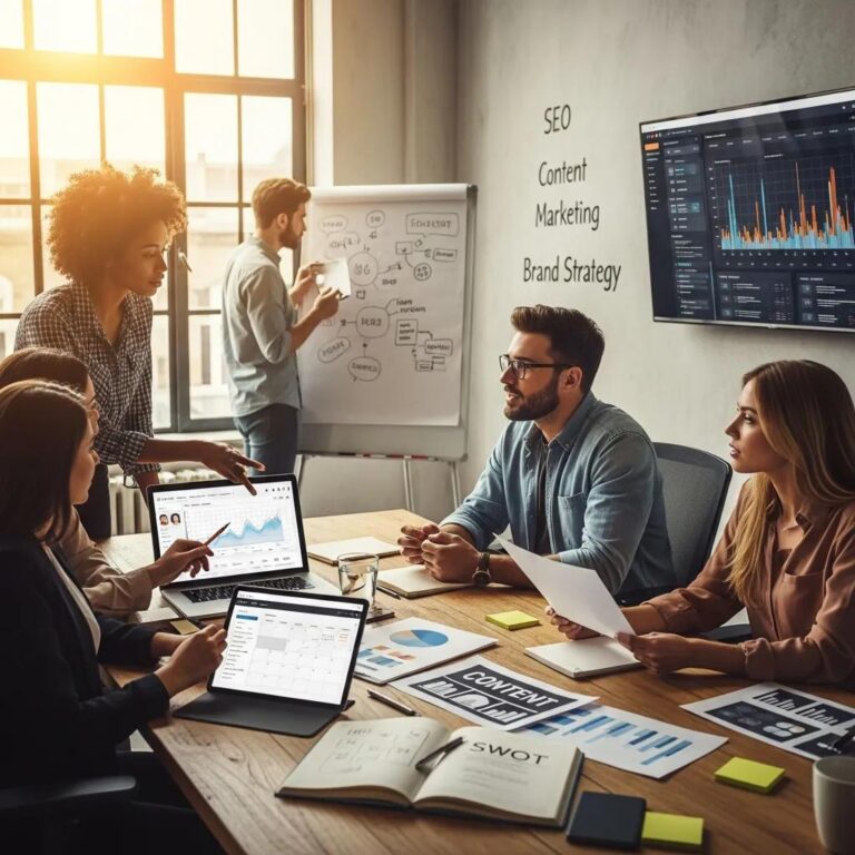 Diverse young professionals collaborating in a modern office on digital marketing strategies