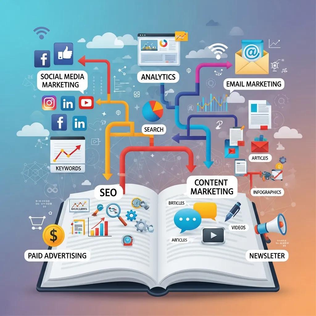 Digital marketing ecosystem showing SEO, social media marketing, content marketing, email marketing, analytics and paid advertising