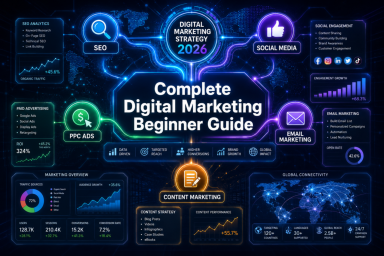 Digital marketing ecosystem showing SEO, PPC, social media, and content marketing integration