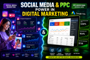 Social Media Marketing and PPC Advertising Social media and PPC advertising dashboards showing growth and engagement