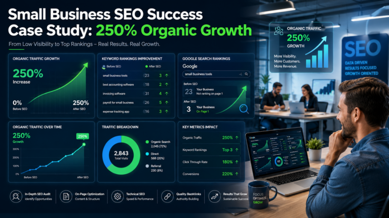 Small business SEO transformation showing traffic growth from low visibility to 250% organic increase