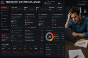 Website SEO audit dashboard highlighting technical and content issues affecting rankings