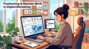 Digital Marketing Freelancing and Remote Work Digital marketer working remotely with laptop analytics dashboard and global clients