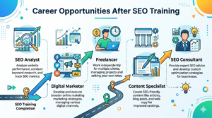 Digital marketing career growth illustration showing SEO analyst, specialist, and freelance opportunities