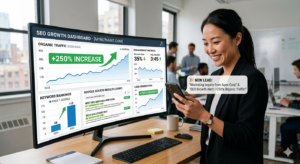 SEO results dashboard showing 250% organic traffic growth and improved Google rankings