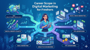 Career Scope in Digital Marketing for Freshers Digital marketing career opportunities for freshers showing SEO, social media, content marketing, analytics and career growth