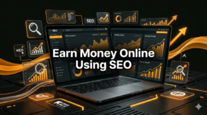 SEO income concept showing laptop analytics dashboard with growth charts and digital marketing visuals