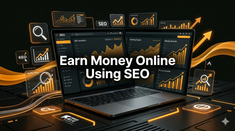 SEO income concept showing laptop analytics dashboard with growth charts and digital marketing visuals