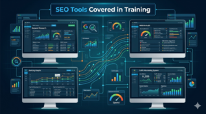 SEO dashboard showing analytics tools, keyword research reports, and website performance tracking systems
