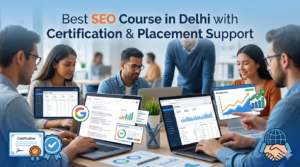 SEO course in Delhi showing digital marketing learning, certification, practical training, and placement support