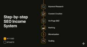 SEO income roadmap showing keyword research to monetization and scaling process
