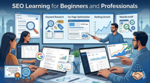 Students learning SEO concepts including keyword research, website optimization, and search engine ranking strategies