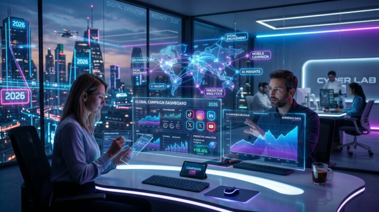 AI-powered digital marketing ecosystem with analytics dashboards and global online connectivity in 2026