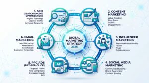 Circular diagram showing SEO, PPC, social media, content marketing and email marketing in digital strategy