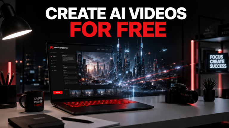 A professional content creator's workspace showing a laptop generating a hyper-realistic AI video scene with futuristic red neon accents.