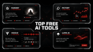 A sleek, dark grid-style infographic displaying icons of top AI video creation platforms with professional red and white branding.
