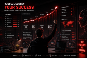 Career Growth Benefits of Learning AI student achieving success and career growth through artificial intelligence learning in red themed environment