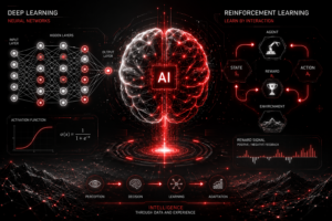 AI Learning Overview for Students in 2026 overview of artificial intelligence learning showing students and AI concepts in red and black theme