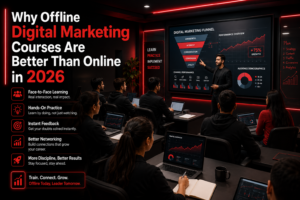 Students learning digital marketing in an offline classroom environment in 2026 with instructor guidance