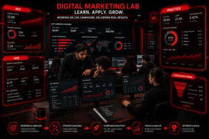 Students working on live digital marketing projects with tools and analytics in a classroom