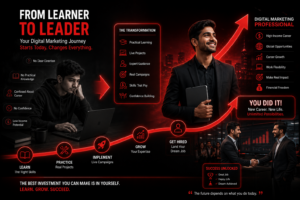 Student achieving career success after completing an offline digital marketing course