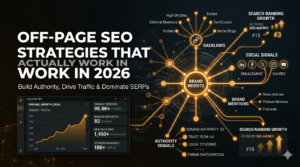 Off-page SEO strategies in 2026 showing backlinks, digital PR, brand authority, and organic search growth