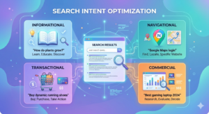 Search Intent Optimization Diagram showing informational, navigational, commercial, and transactional search intent connected to search results.