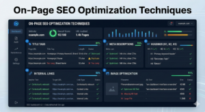 On-Page SEO Optimization Techniques SEO optimization dashboard showing on-page SEO elements like titles, headings, and meta tags.