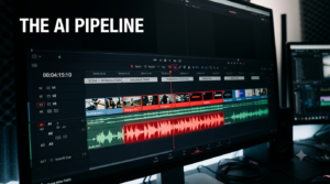 A modern timeline interface showing the workflow of video editing, audio synchronization, and auto-captions with red highlights.
