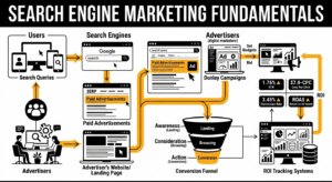 Search Engine Marketing Fundamentals Search engine marketing ecosystem showing paid search campaigns and customer acquisition process.